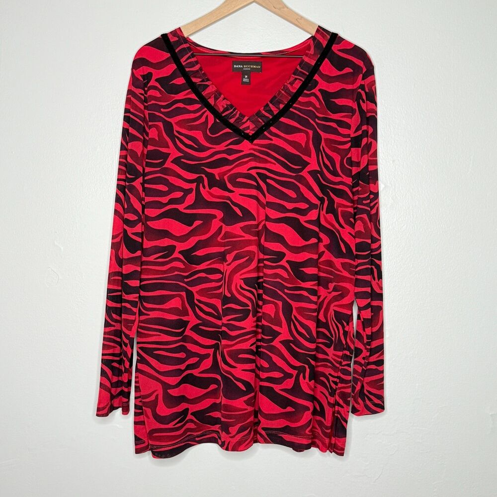 Dana Buchman Womens Top 2X Red Zebra Print V-neck 3/4 Sleeve Casual Sheer